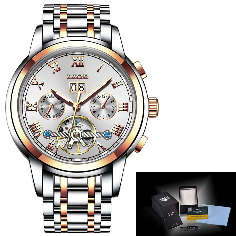LIGE 9813 caliente-venta hueco transparente Tourbillon multifunción reloj mecánico automático correa de acero reloj de hombre
