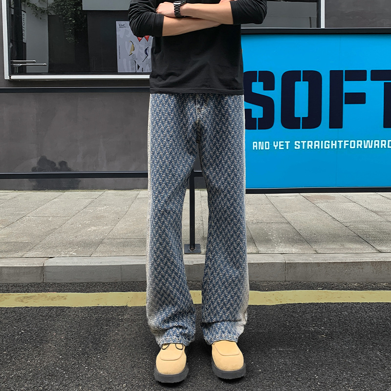 Jeans mit Allover-Jacquardmuster, Herbst-Cleanfit, amerikanische High-Street-Straight-Wide-Leg-Long-Pants, Herren-High-Waist_voghion.com