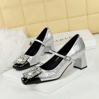 5298-K90 Mary Jane Women's Shoes Banquet Style Light Mouth Square Head Color blocked Metal Water Diamond Buckle Strap Single Shoe