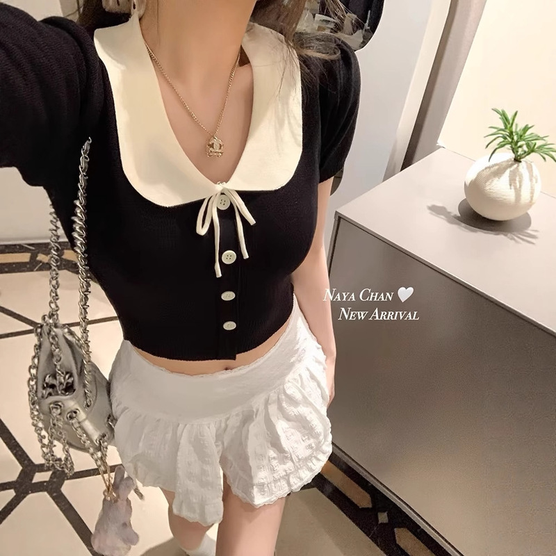 日本製ドールカラー半袖Tシャツ夏ショートセーターレースアップリボン年齢軽減スリムフィットトップ|undefined