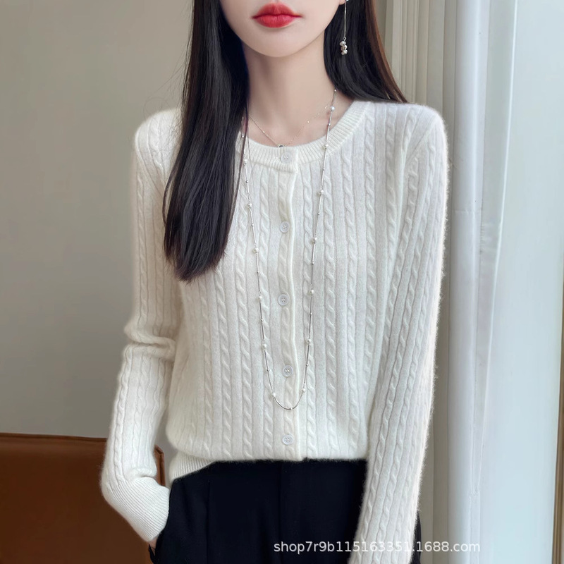 Twisted Wool Knit Cardigan for Women, Autumn 2024 New Style, Soft and Short, Long-Sleeved, Round-Neck Sweater Coat, Fine Wool