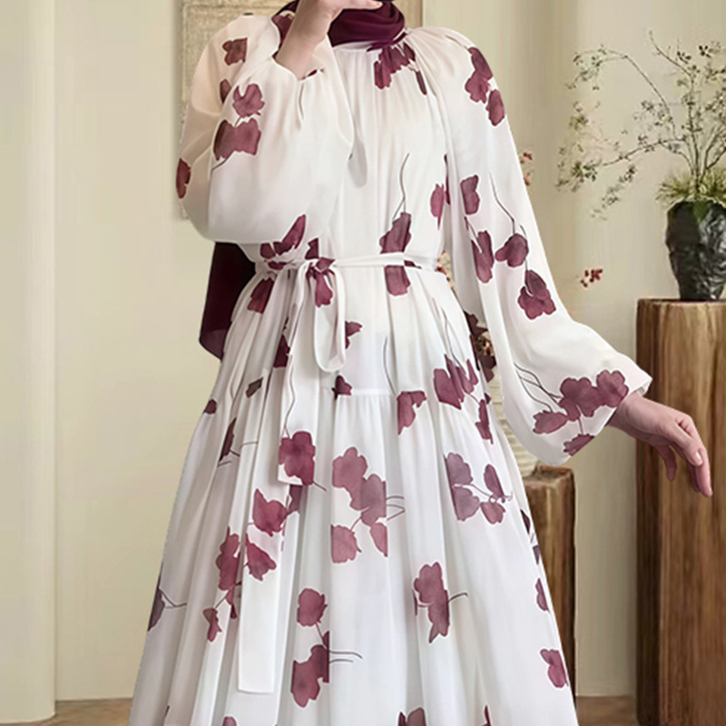 Amazon 2025 New White Floral Round Neck Dress with Lantern Sleeves and Waist Design Autumn Elegant Long Dress