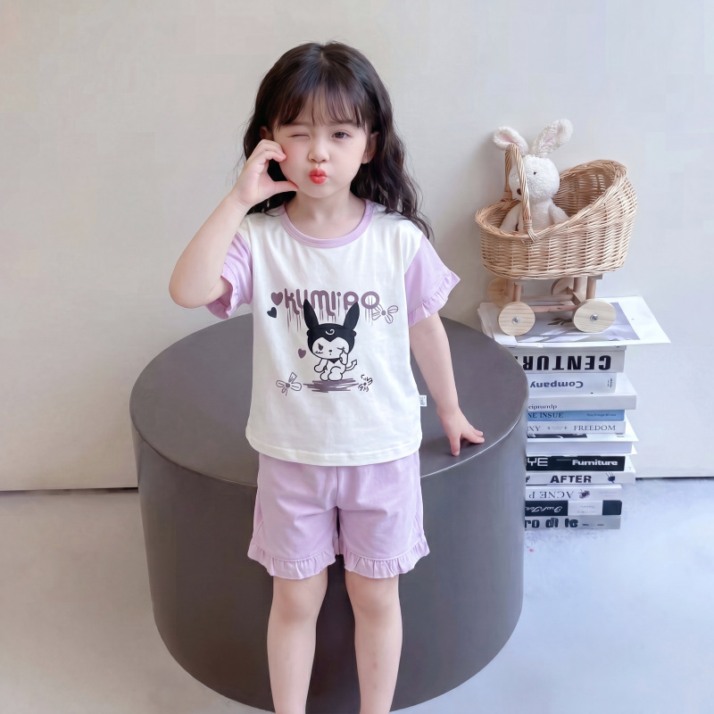 Conjunto de pijamas para niños, algodón puro, nuevo estilo de verano, pantalones cortos holgados de manga corta, ropa para aire acondicionado, estilo fino, ropa de casa para niñas, ropa infantil