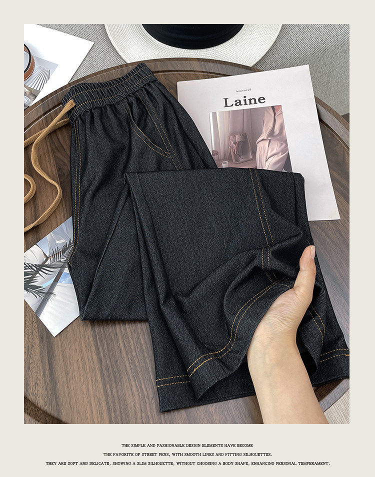 Quần jean nữ ống rộng cạp cao vải denim mỏng nhẹ dáng suông — Đen - Loại thông thường chi tiết 13