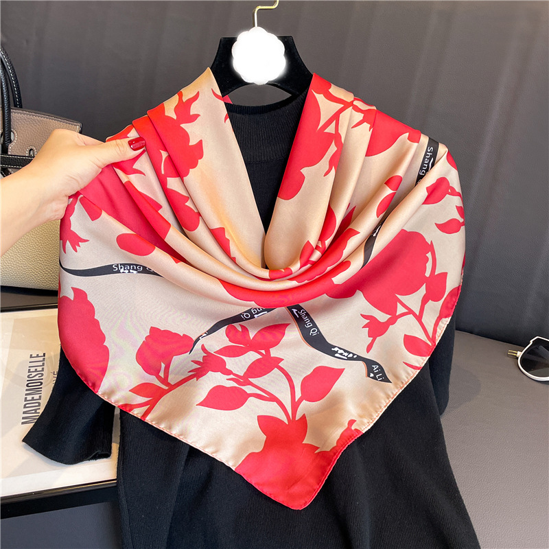 Schal, Kopftuch, bedruckter Schal, quadratischer Schal aus Seidenimitat für Damen, Schattentemperament, 90 cm Reise, Sonnenschutz,_voghion.com