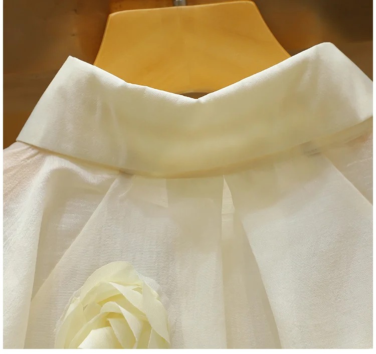 Women's Clothing summer new three dimensional rose flower chic French puff sleeve niche loose single breasted shirt versatile_voghion.com