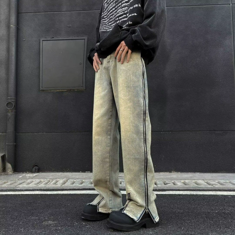 25 осенне-зимних брюк в американском стиле ретро с карманами и клапанами, джинсы, мужские уличные модные брендовые модные свободные прямые брюки с разрезом, хлопок