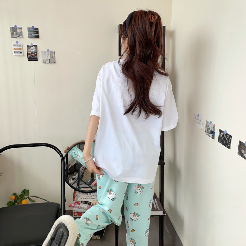 Women's Summer 2024 New Gi Yee Pajama Set with Pure Cotton, Round Neck, Short Sleeve, Long Pants, Casual, Cute Cartoon Design, Wearable Outside