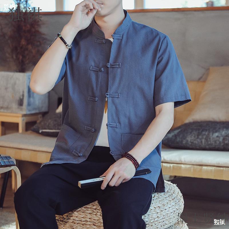 Chinese style men's Tang suit linen short-sleeved shirt with Chinese-style knotted buttons and stand-up collar, plus size cotton and linen top for summer.
