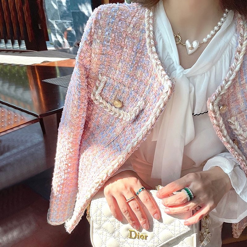 Pink Chanel-Style Jacket for Women, Spring and Autumn 2025 New Korean Sweet Socialite Style, Age-Reducing Tweed Short Top