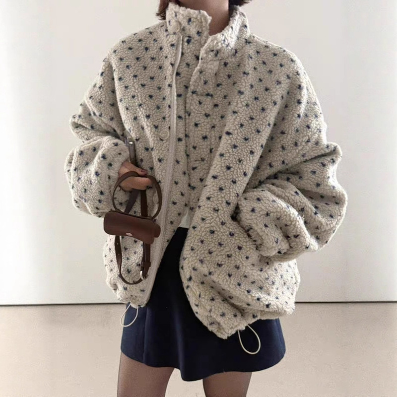 Korean Ins Winter Clothing New Korean Style Stand-Up Collar Heart Polka Dot Warm Lamb Wool Jacket Plush Cotton Outwear