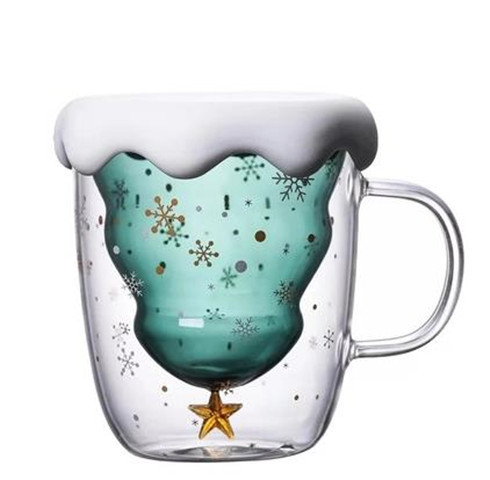 Forro de color de vidrio borosilicato de doble capa creativa forma de árbol de Navidad Star Wish Cup Taza taza de café de desayuno en casa