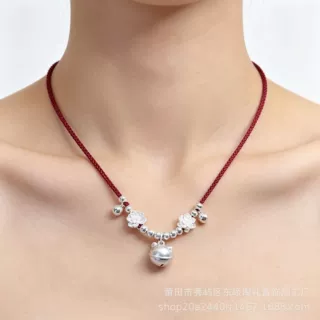足银999猫耳朵铃铛脚链莲花项链手链女红绳带声音闺蜜手链古风学