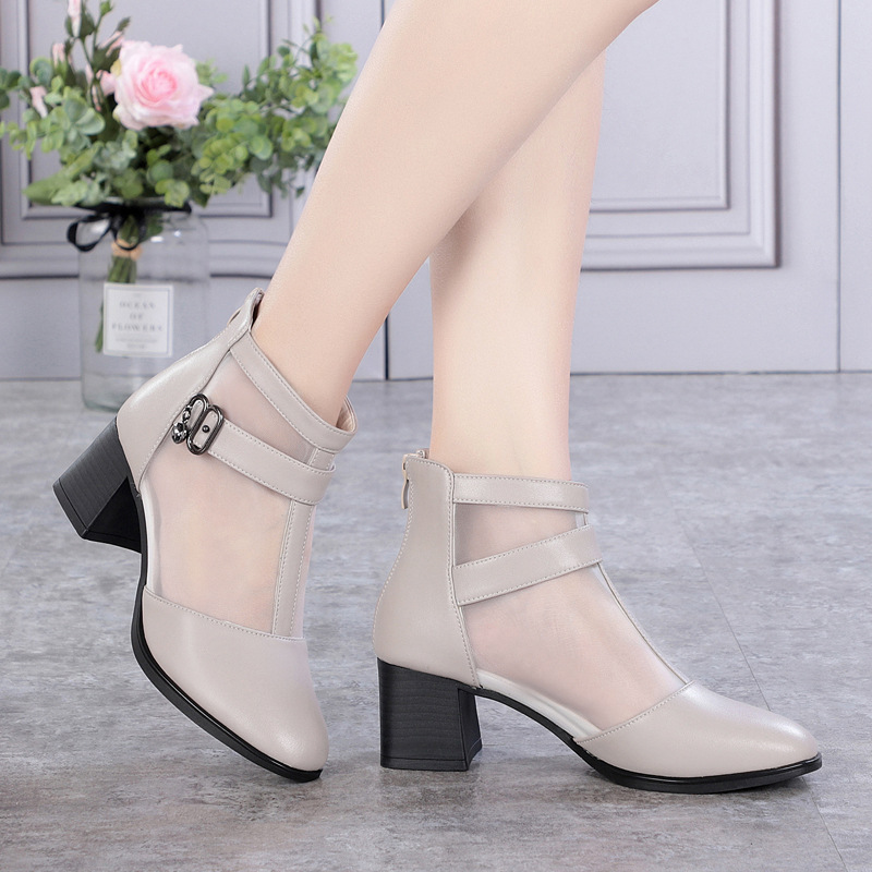 Boot lưới nữ cổ thấp gót vuông da thật hở mũi — màu đen