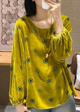 2025秋季新款时尚显瘦灯笼袖复古印花宽松款真丝丝绒上衣93