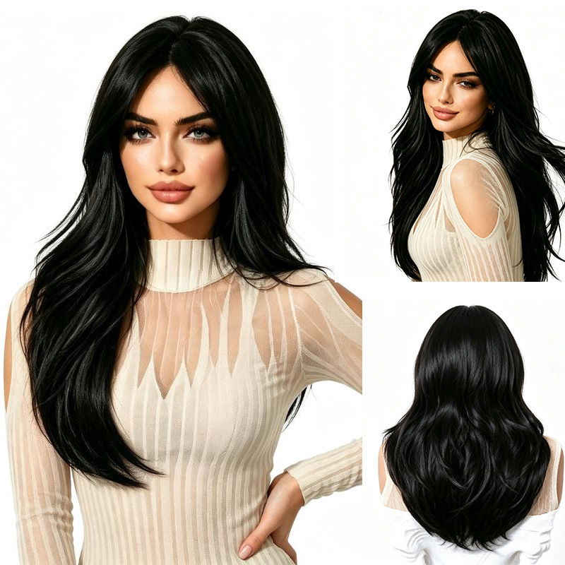 European and American Style Full Wig, Black Natural Color, Straight Bangs, Big Wavy Long Curly Hair, Synthetic Fiber Women's Wig European and American Style Full Wig, Black Natural Color, Straight Bangs, Big Wavy Long Curly Hair, Synthetic Fiber Women's Wig