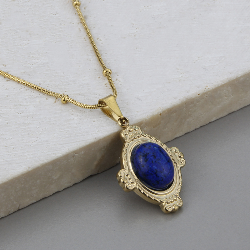 Retro Oval Titanium Steel Earrings Necklace Inlay Artificial Gemstones Stainless Steel Necklaces