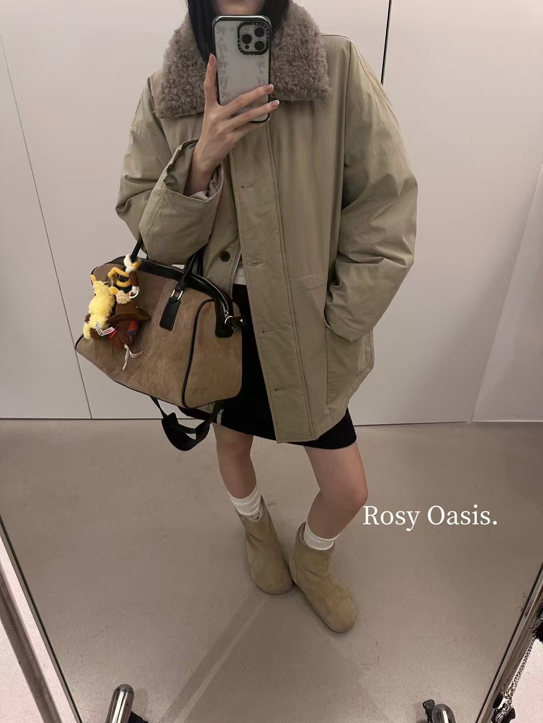 8S195 울 칼라 미디엄 롱 구스다운 재킷 - 카키