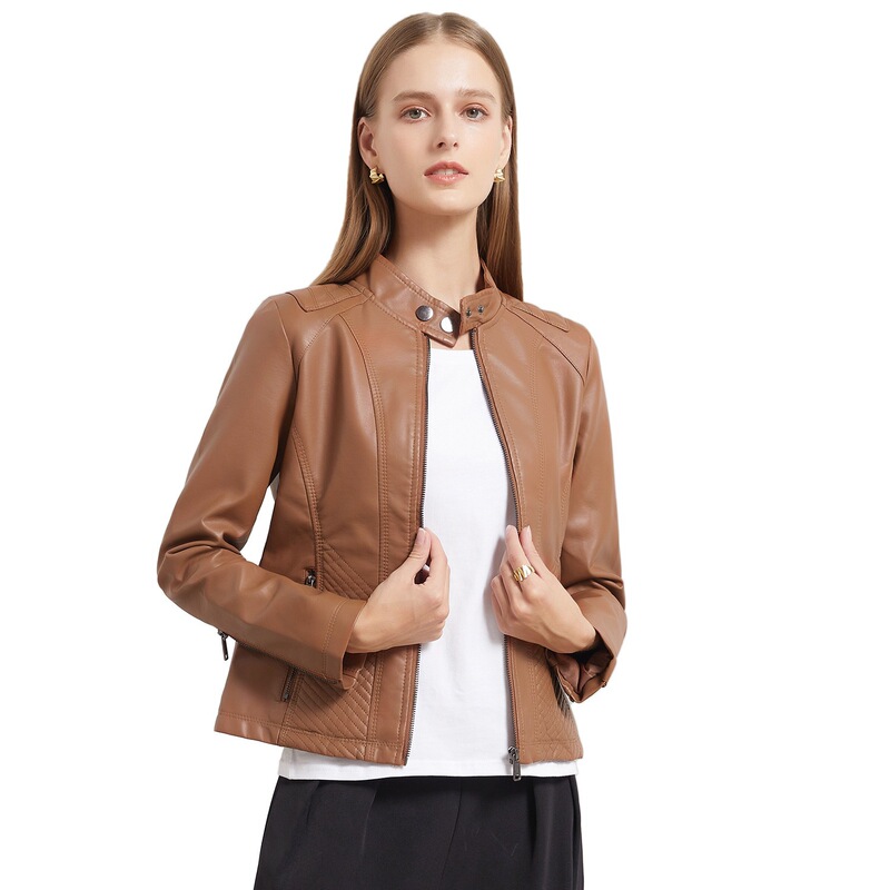 Autumn and Winter New Casual Leather Jacket for Women, Simple European and American Trendy Thin Coat, Long-Sleeve Biker Jacket, Women's Foreign Trade Clothing