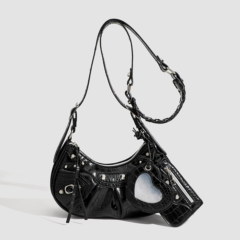 2026 New Niche Design Studded Spicy Girl Style Underarm Bag Versatile 3-In-1 Handbag Shoulder Crossbody Crescent Bag