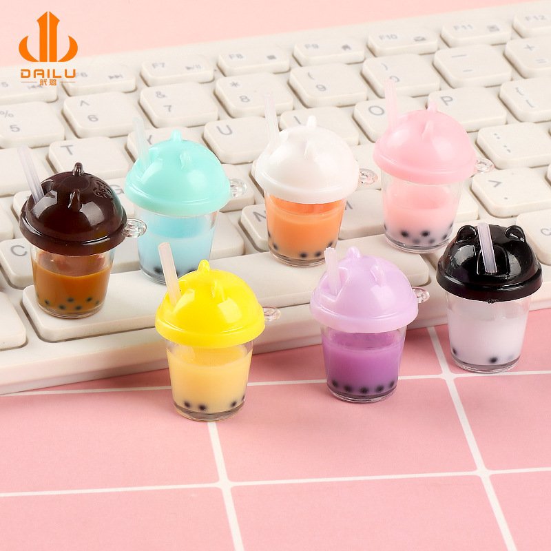 Simulation finished eating pearl milk tea cup cat ear suction tube Cup diy cream glue key chain pendant accessories