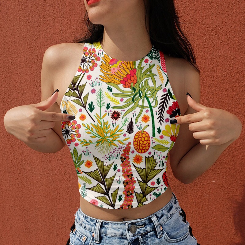 2021 Amazon Summer Camisole Top Women's Halter Neck Floral Print Round Neck Sleeveless Crop Top 2021 Amazon Summer Camisole Top Women's Halter Neck Floral Print Round Neck Sleeveless Crop Top