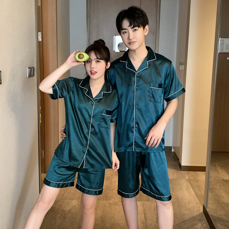 Fábrica directa pareja pijamas de las mujeres de manga corta de color sólido simple cardigan de seda artificial traje fino desgaste del hogar de los hombres de seda de hielo