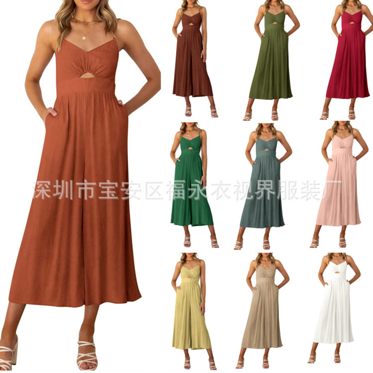2023 summer suspenders V-neck hollow pleated high waist wide leg pocket women's jumpsuit 2023 summer suspenders V-neck hollow pleated high waist wide leg pocket women's jumpsuit