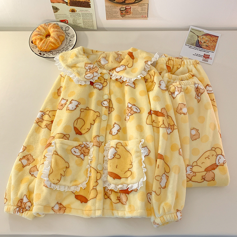 부드러운 귀여운 인형 칼라 산호 양털 파자마 여성의 겨울 2024 새로운 기모 두꺼운 소녀의 집 옷 세트