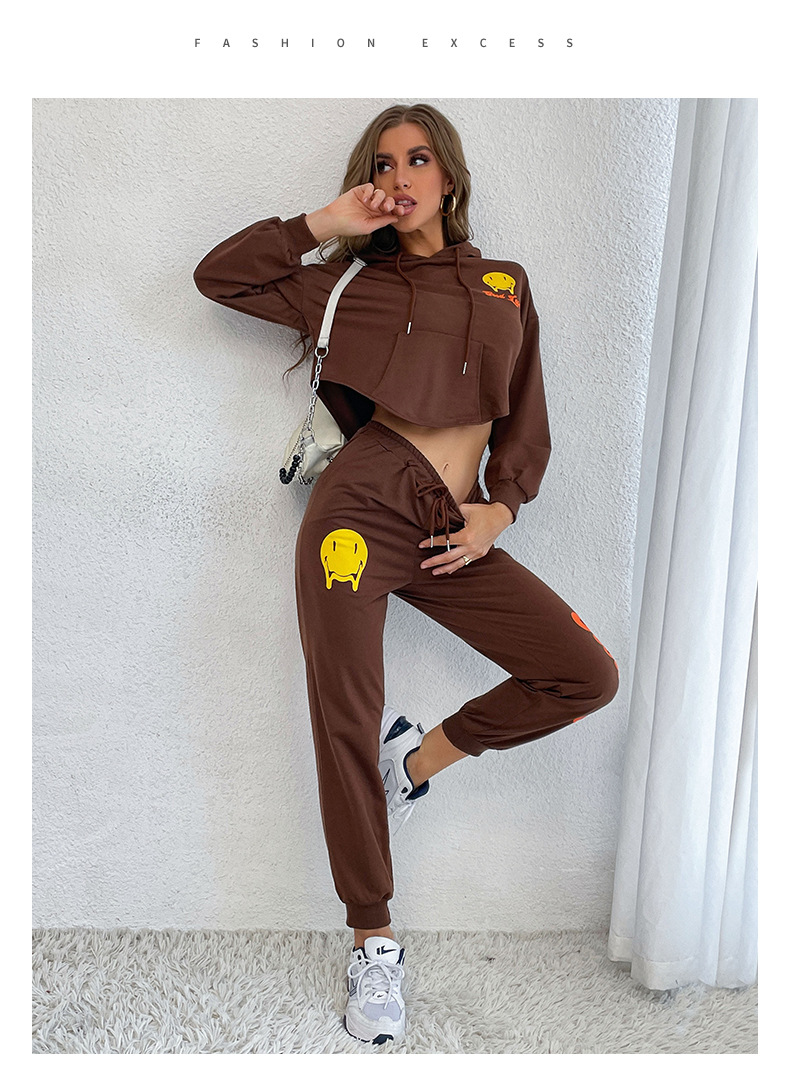 Brown Long-Sleeved Hooded Printed Sweatshirt Set NSDMB104806