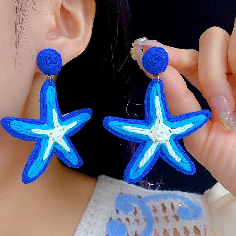 Vacation Straw Starfish Earrings For Seaside Beach Photos Unique_voghion.com