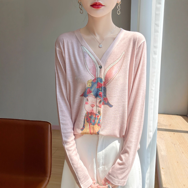 Factory Direct Supply Artistic Painted Cardigan for Women V-Neck Thin Jacket with Hand-Painted Print for Autumn and Winter New Commuter Outerwear