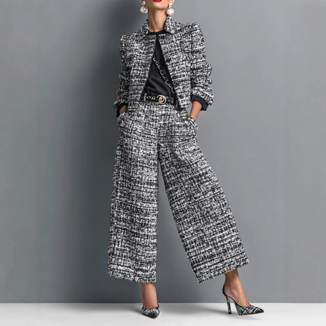 2025跨境欧美新款翻领修身女装欧美风长袖短款夹克配宽腿裤套装