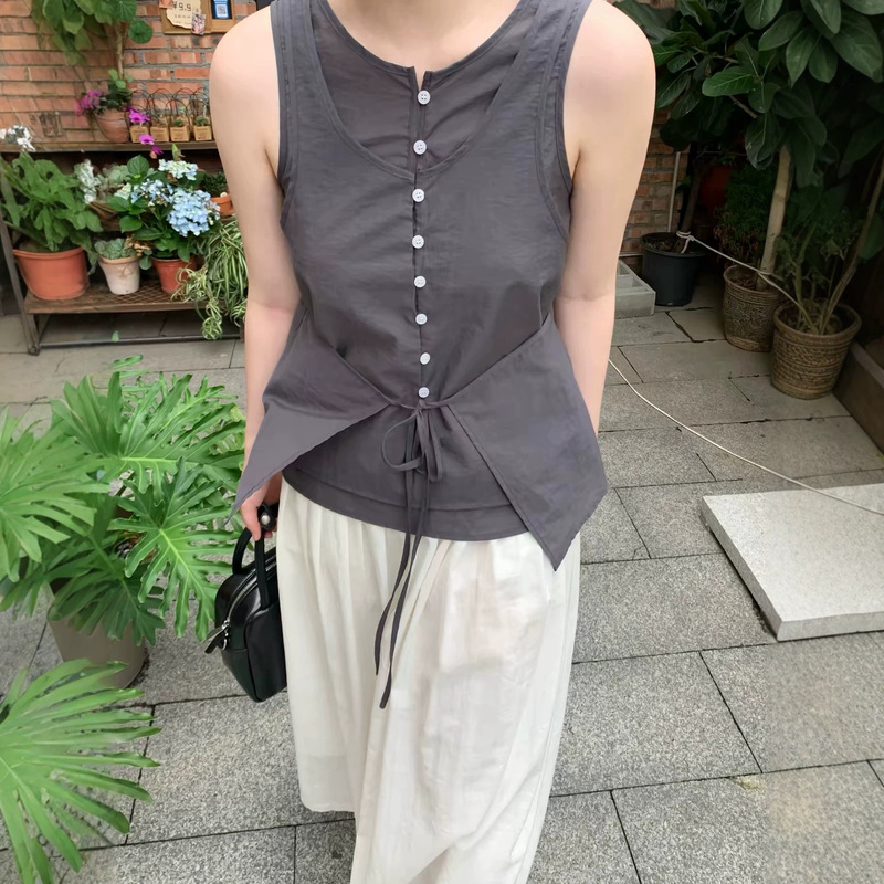 In Stock: Designer Style Faux Two-Piece Tie-Up Sleeveless Shirt for Women, Summer Fashion Loose Cotton Blouse Top In Stock: Designer Style Faux Two-Piece Tie-Up Sleeveless Shirt for Women, Summer Fashion Loose Cotton Blouse Top