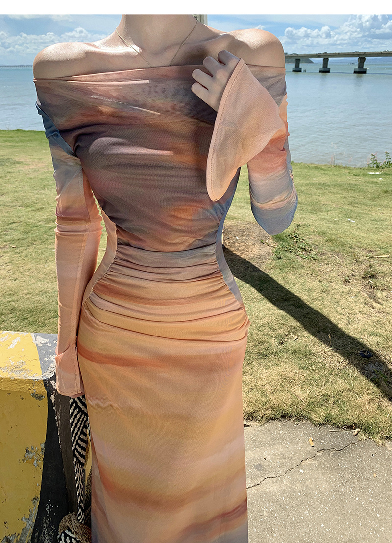 French Spice Girl Sunset Tie-Dye Printed Swinging Neck Mesh Dress Feminine Temperament Slim Waist Skinny Holiday Dress_ecoleips.com