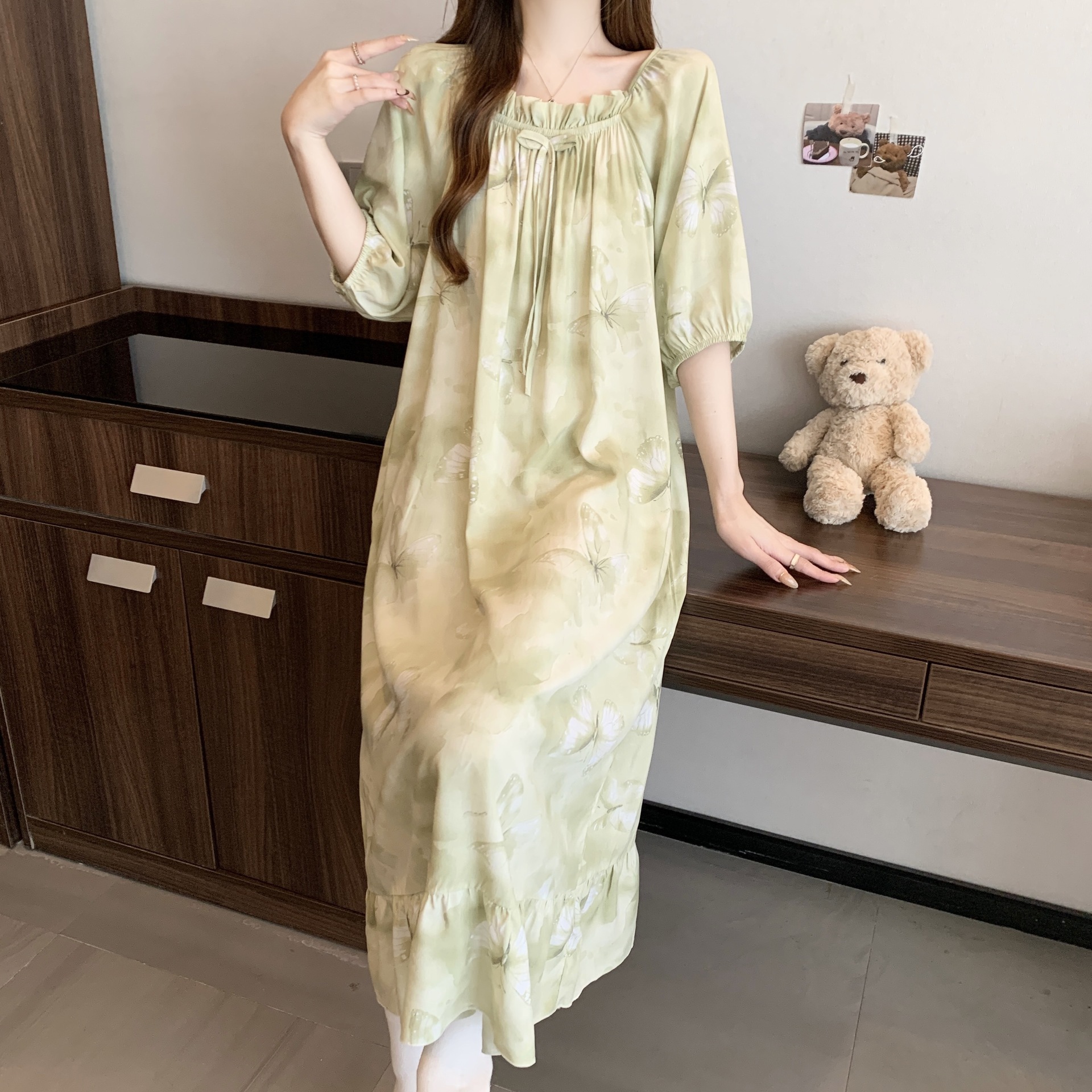 Yaoting pijamas de verano mujeres primavera y otoño encantador impresión suelta vestido larga larga larga ropa de hogar de mangas cortas HDF5291