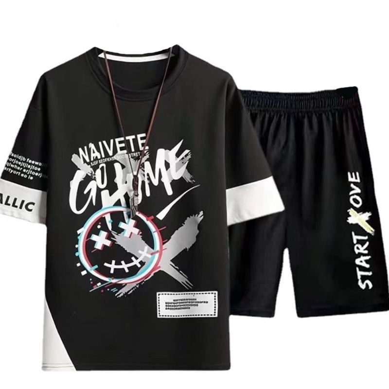 Men's Korean Style Short Sleeve Street Fashion Set Shan Shao Apparel Graffiti Inspired Five Sleeve Top With Shorts Black Gray White Casual Basic Fit_voghion.com