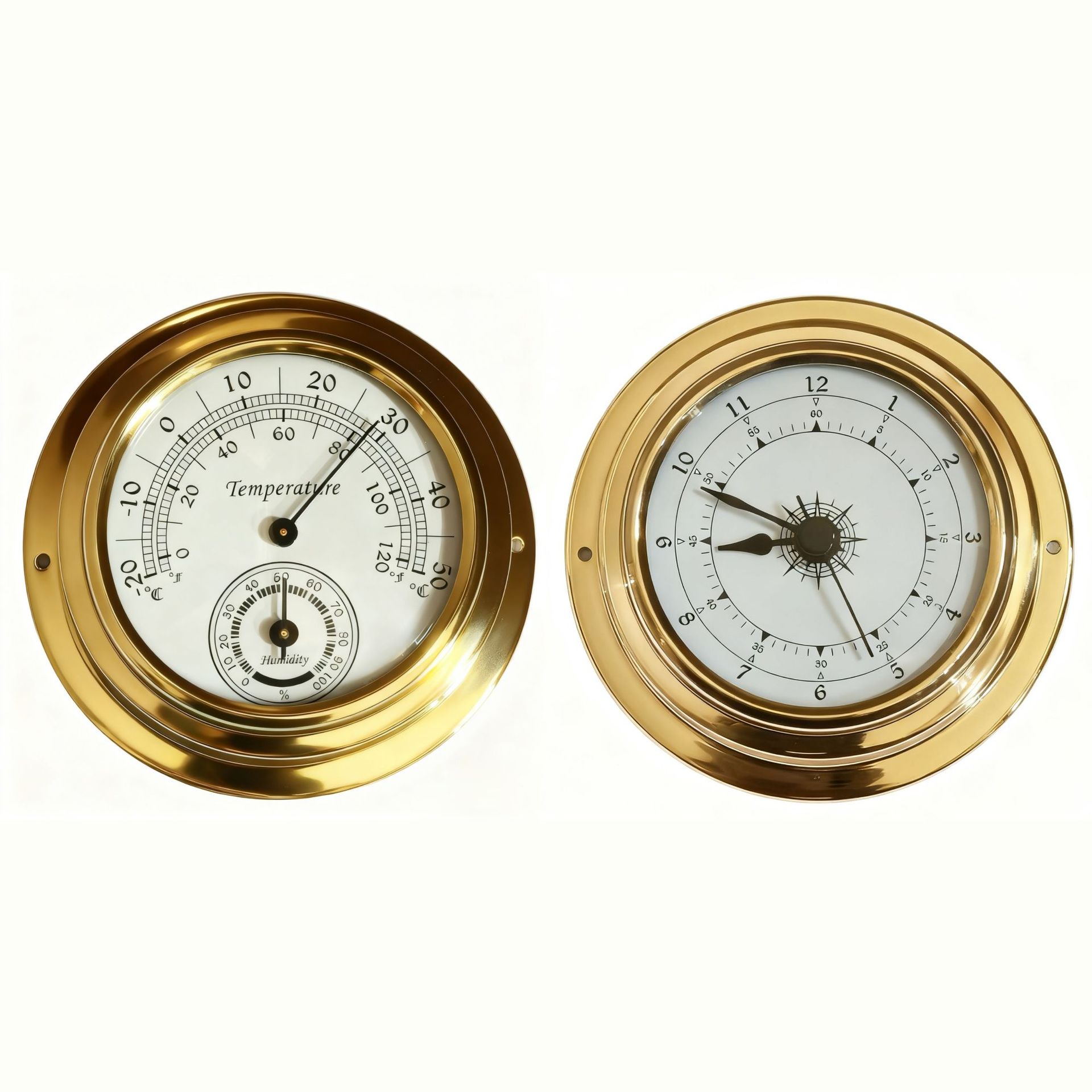 铜壳温湿度计+铜壳钟表套件（直径98mm黄铜壳）