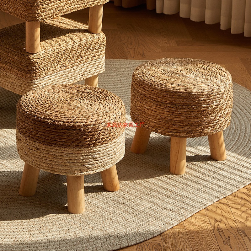 Straw Stool, Pastoral Low Stool, Rattan Shoe-Changing Stool, Thickened Woven Sitting Stool, Wooden Small Stool, Creative Round Stool