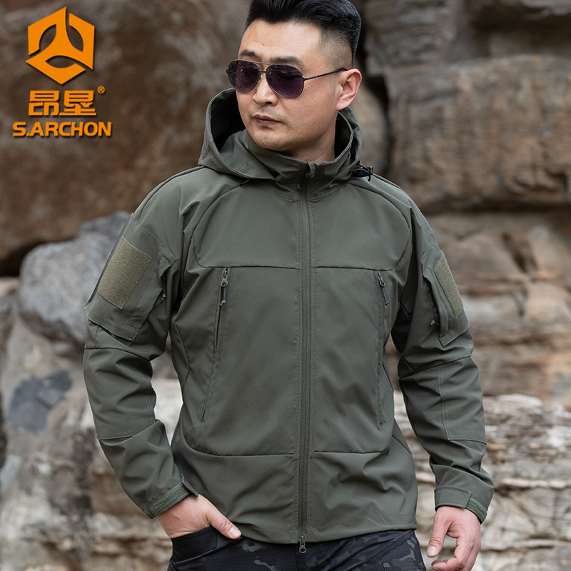 Angken Spring and Autumn Poison Fang Single-Layer Laminated Jacket Men's Windproof Waterproof Outdoor Multi-Pocket Tactical Softshell
