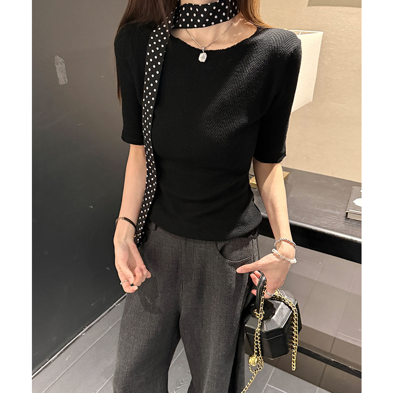 Real Shot # Solid Color Knitted Short-Sleeved Women's Thin Style Spring New Style High-End Slim Fit Versatile Five-Quarter Sleeve Wool Real Shot # Solid Color Knitted Short-Sleeved Women's Thin Style Spring New Style High-End Slim Fit Versatile Five-Quarter Sleeve Wool