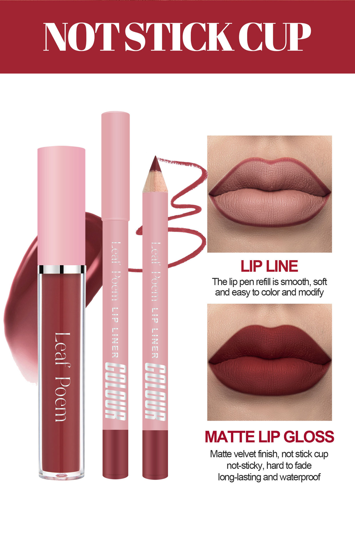 LEAF P0EM Maquillage Cross-Border Ensemble Gloss à Lèvres Mat Waterproof Non-Stick + Liner_voghion.com