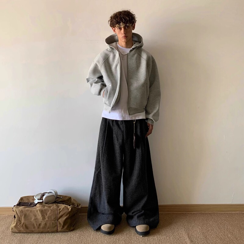 American retro boxy blockbuster 480G zipper cardigan sweater men's winter trend loose Joker hooded jacket