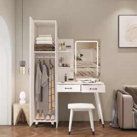 跨境亚马逊简约梳妆台柜带LED灯光大镜子电源储物抽屉桌带衣柜