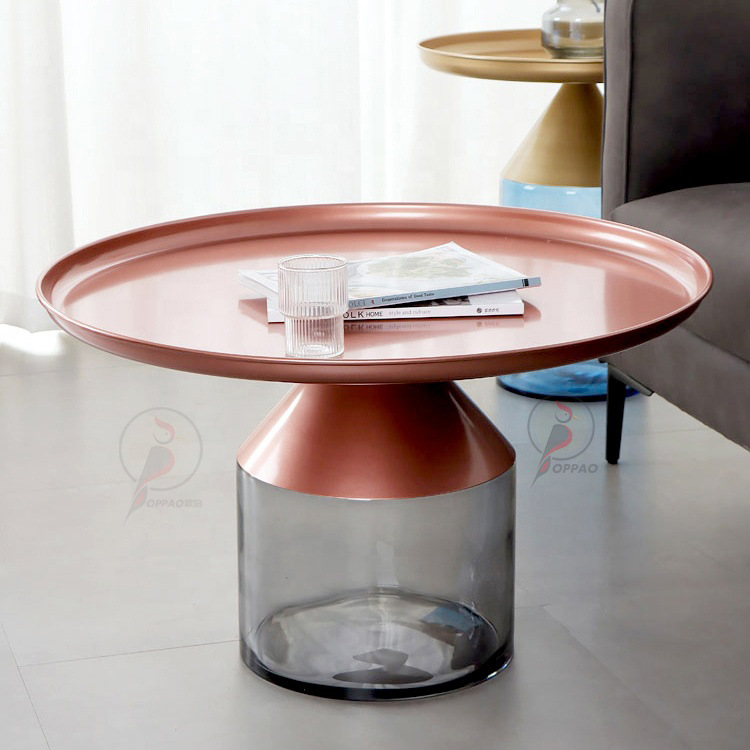 北欧设计师轻奢透明平衡玻璃茶几组合创意艺术金属圆盘沙发边几桌