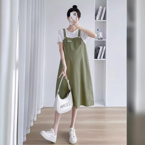 Maternity Summer Dress Fashionable Loose-Fitting Mid-Length Suspender Skirt with Fake Two-Piece Splicing Design