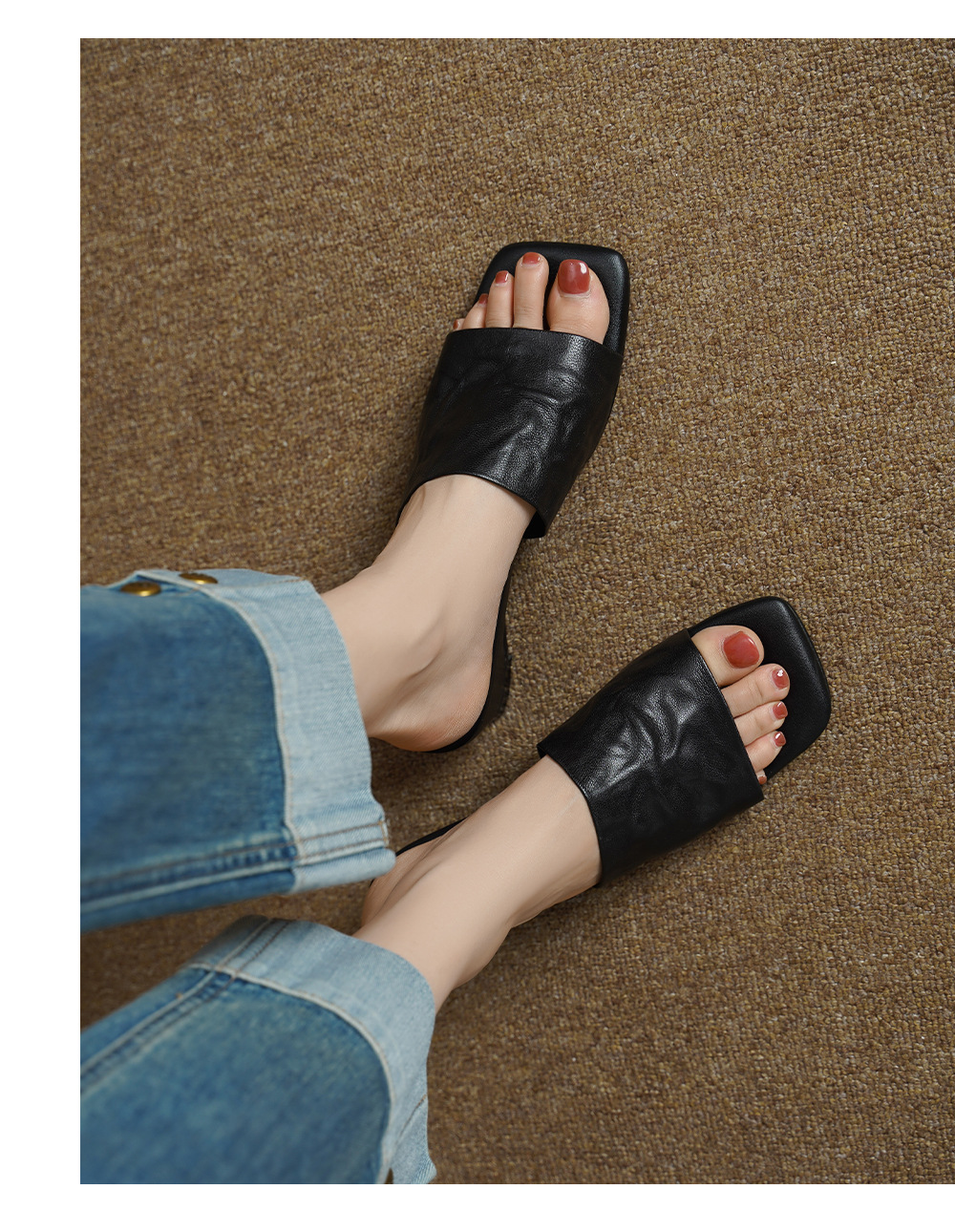 Sandal nữ da cừu lộ ngón chân quai chữ V phong cách Hàn Quốc — đen chi tiết 6