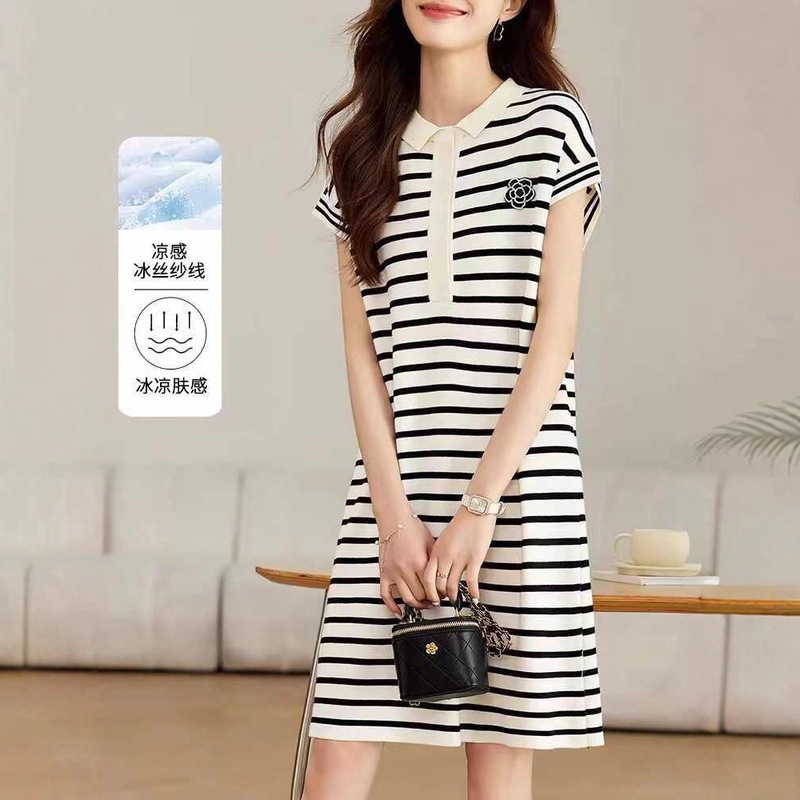 Outlet Brand Cut-Label Surplus Women's Clothing Slim-Fit Elegant Dress Knitted Striped Polo Dress Black