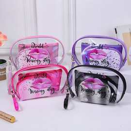 原创小众设计PVC印花透明三件套化妆包包粉边时尚通勤手拿包收纳