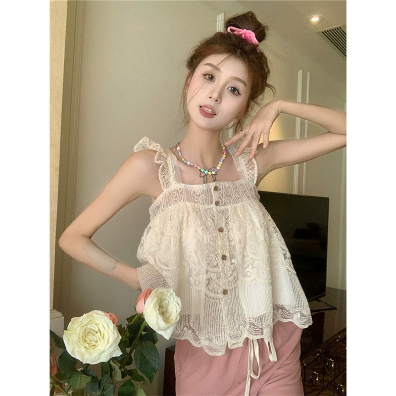 Женская кружевная майка с тяжелой вышивкой, новый стиль лета 2023, сказочный сладкий молодежный шикарный топ для похудения.